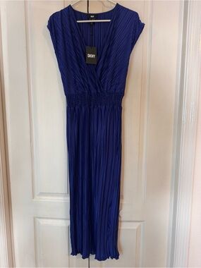 DKNY Bright Cobalt Blue Pleated Long Midi Dress